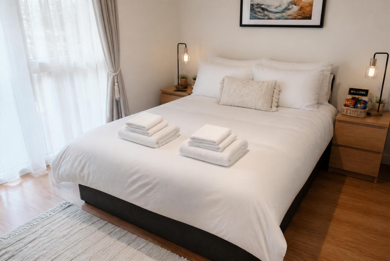 Freshly turned-over short-let AirBnB bedroom with crisp white made bed, folded towels and welcome basket ready for guests