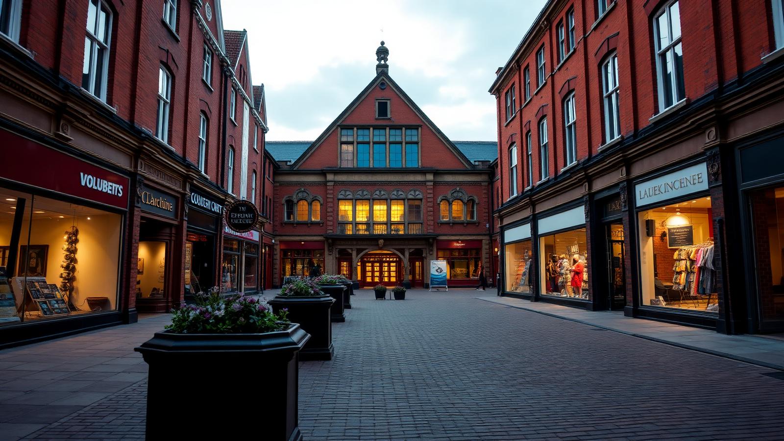 Altrincham market town square with its historic red-brick market hall and traditional shopfronts at dusk
