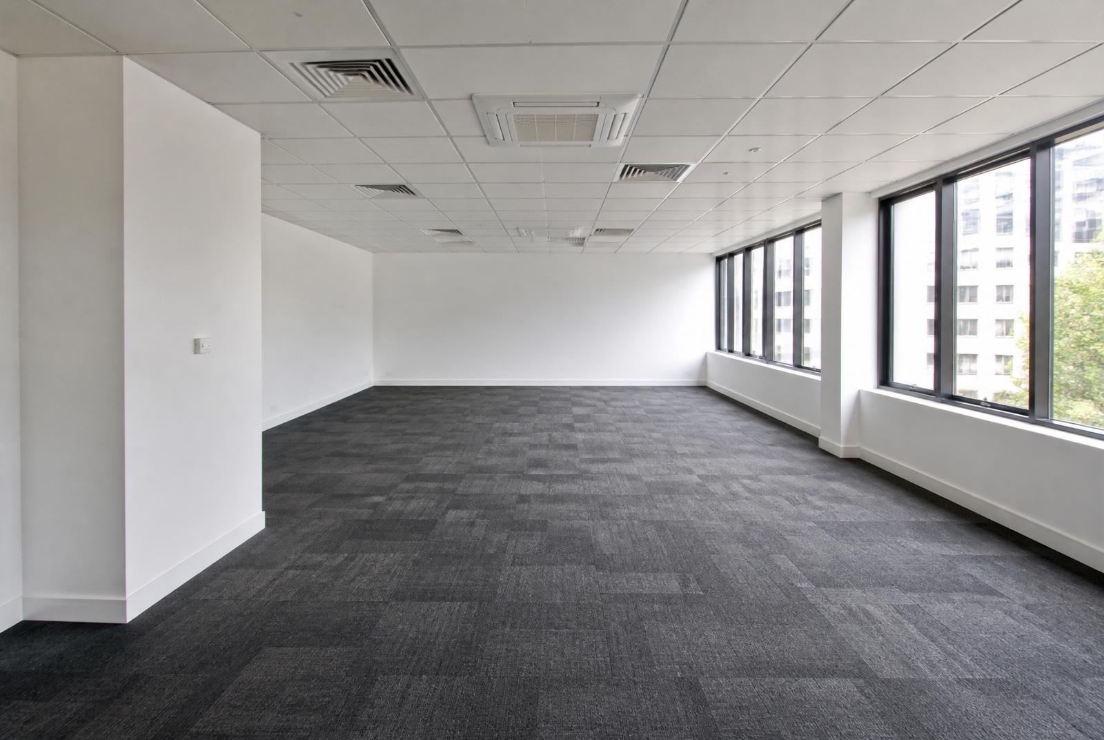 Empty commercial office fully cleaned after a Safe Scene end-of-tenancy handover with vacuumed carpet tiles and streak-free windows