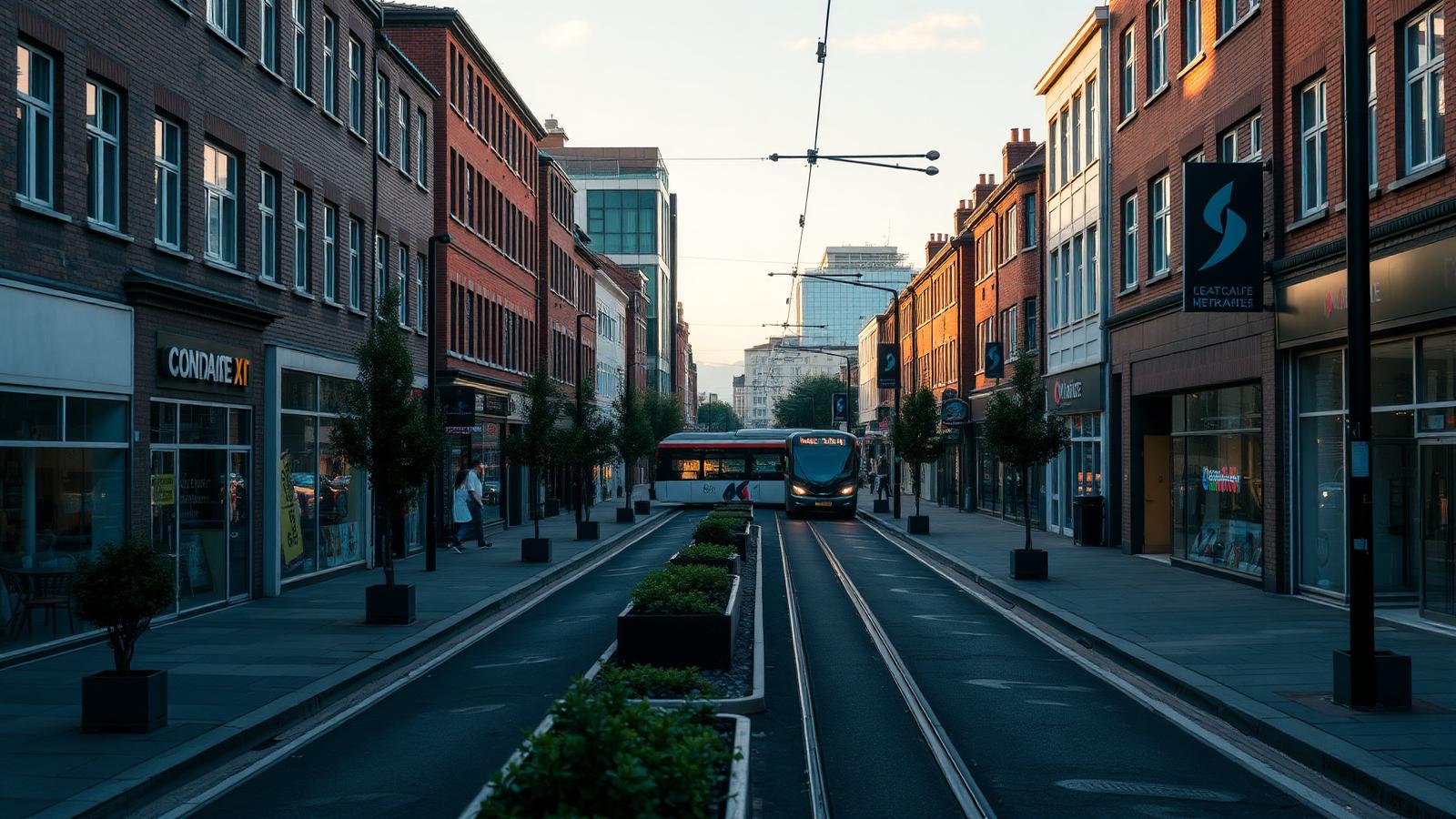 Sale town-centre street in Greater Manchester with tree-lined pavements, tram track and Edwardian shopfronts