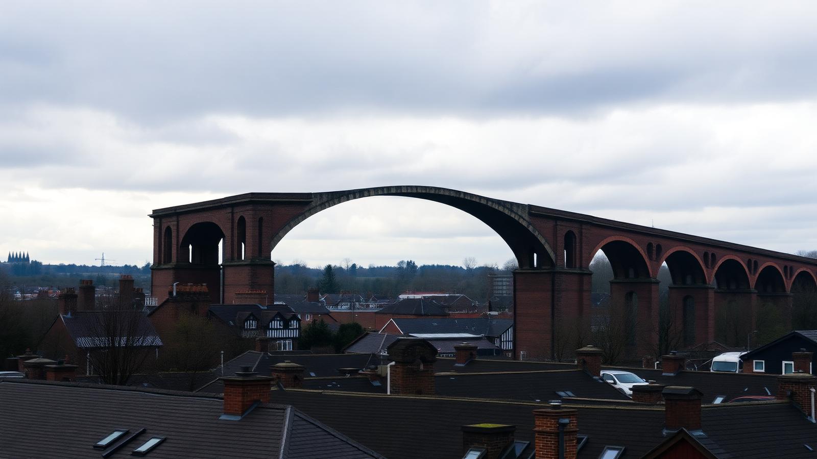 Stockport's iconic red-brick Victorian railway viaduct arching across the town rooftops