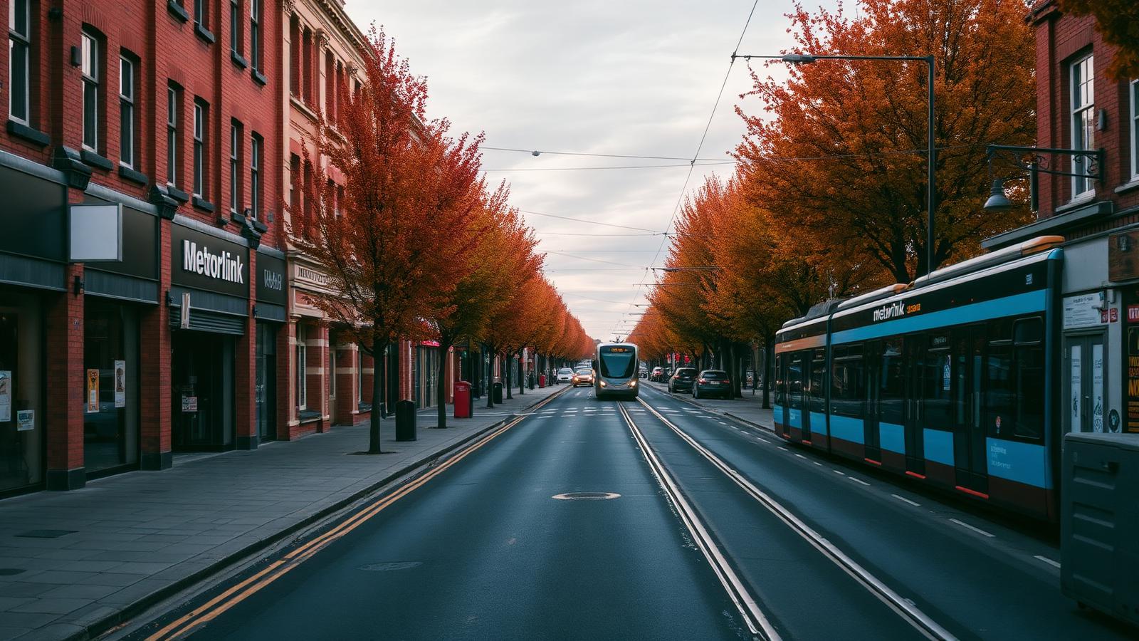 Stretford town centre with tree-lined tram route, red-brick shopping parade and a Metrolink tram in autumn