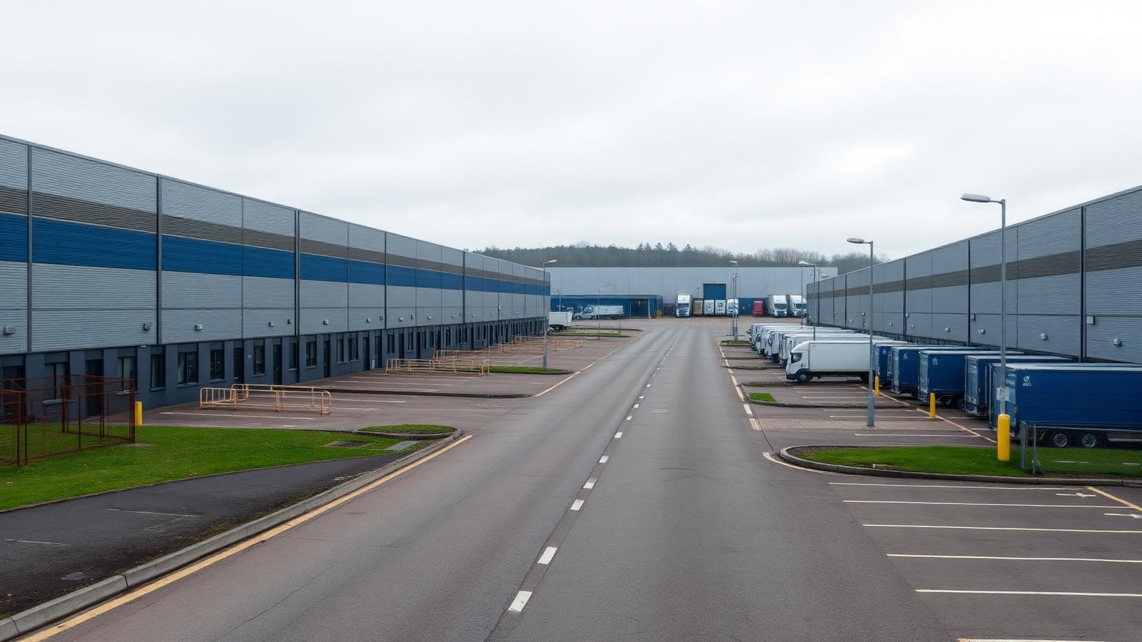Wide view of Trafford Park industrial estate showing large distribution warehouses, HGV loading bays and access road